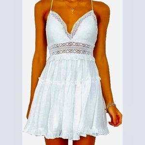 White Faded Rose Women's V-Neck Spaghetti Strap Floral Lace Mini Skater Dress